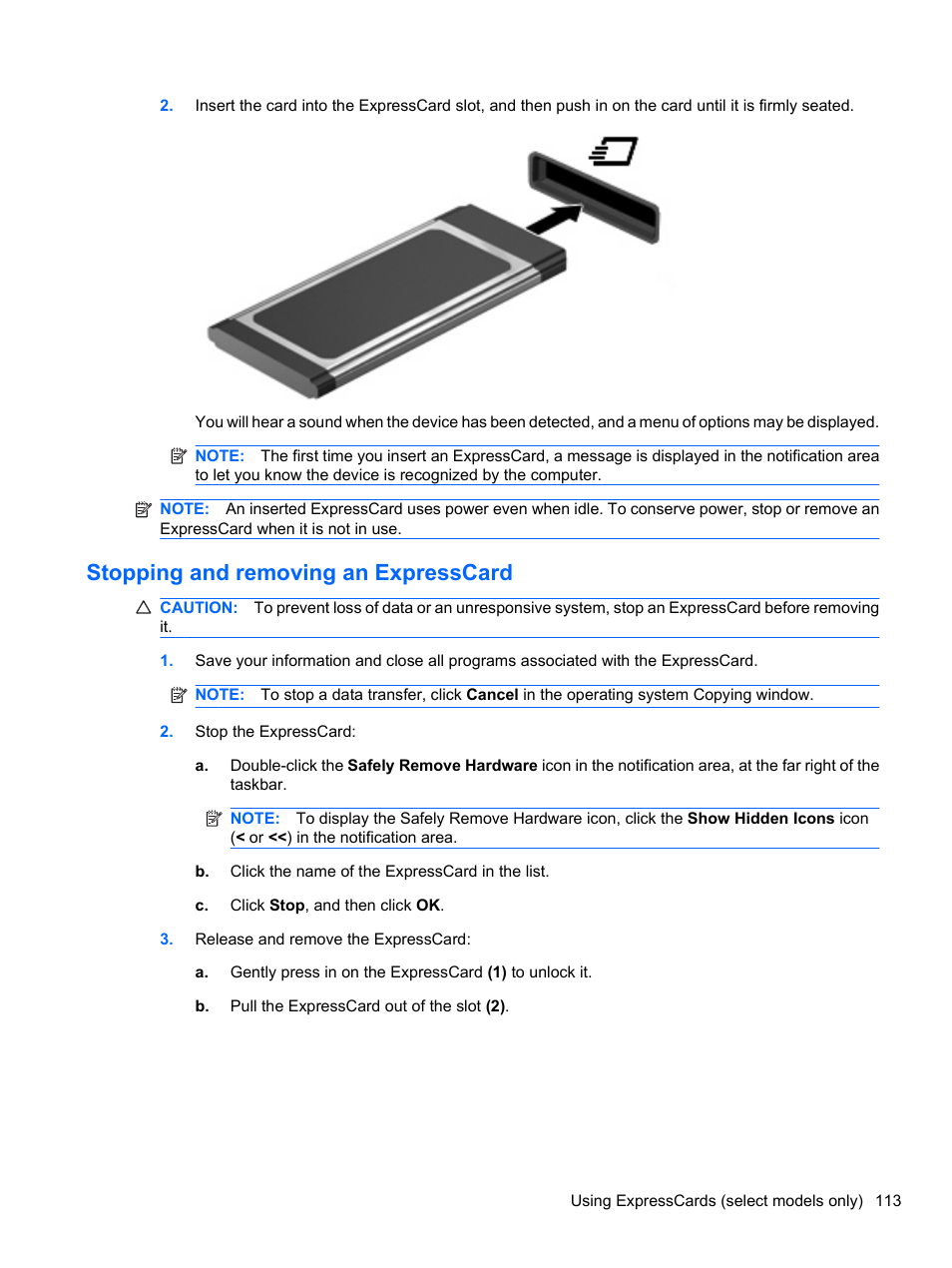 Stopping and removing an expresscard | HP ProBook 4326s Notebook-PC User Manual | Page 125 / 192