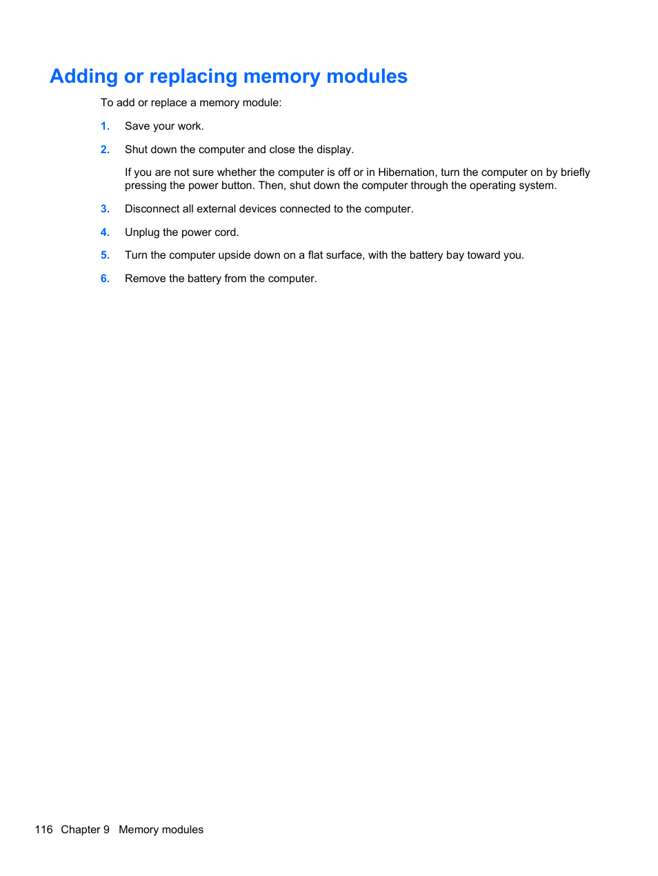 Adding or replacing memory modules | HP ProBook 4326s Notebook-PC User Manual | Page 128 / 192