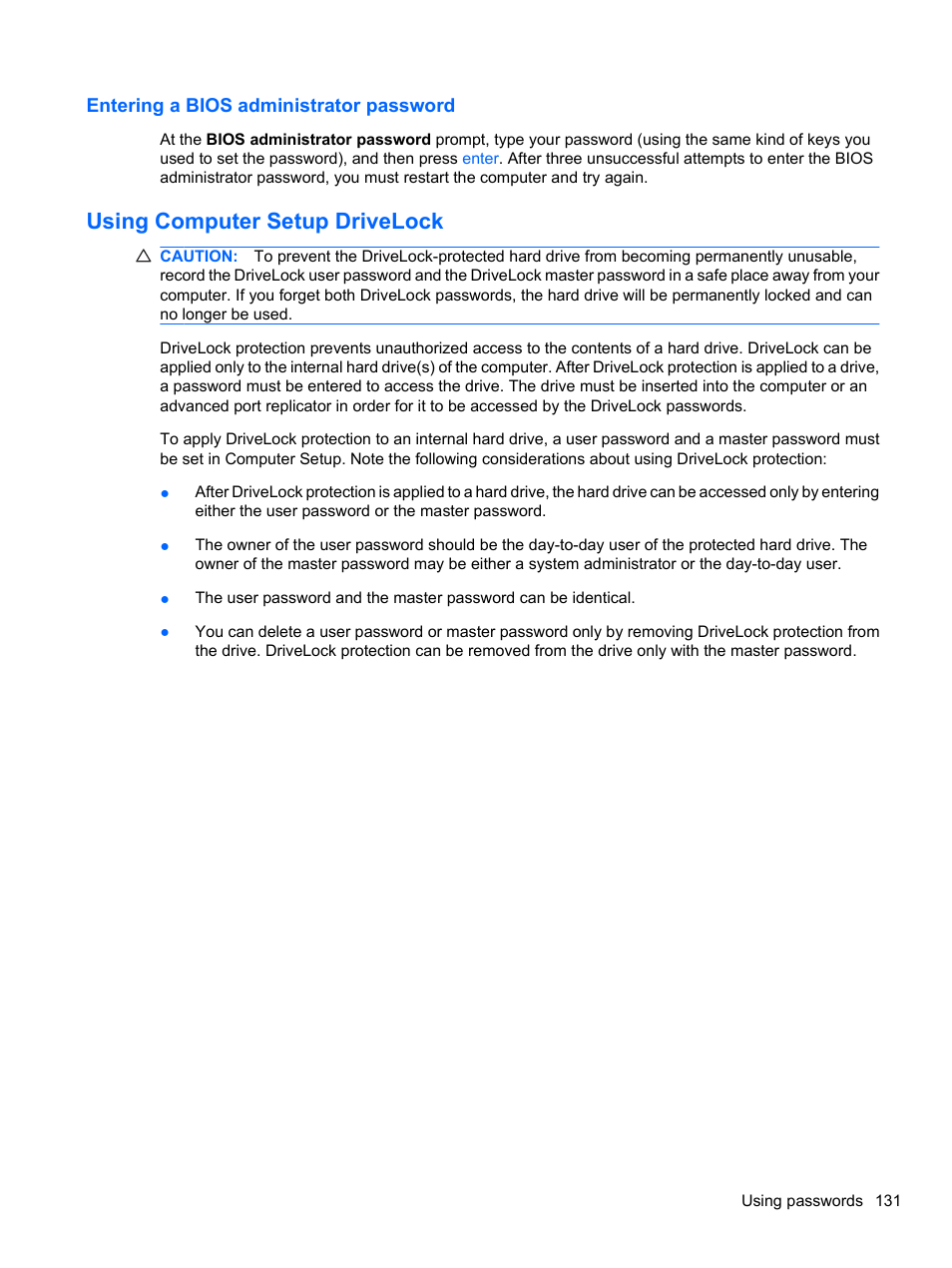 Entering a bios administrator password, Using computer setup drivelock | HP ProBook 4326s Notebook-PC User Manual | Page 143 / 192