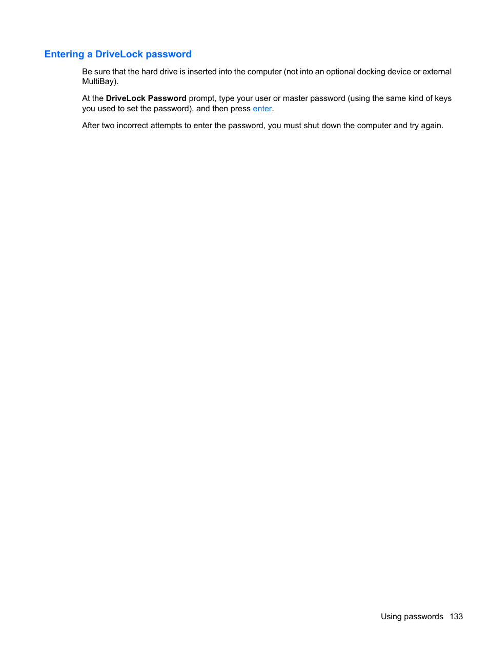 Entering a drivelock password | HP ProBook 4326s Notebook-PC User Manual | Page 145 / 192