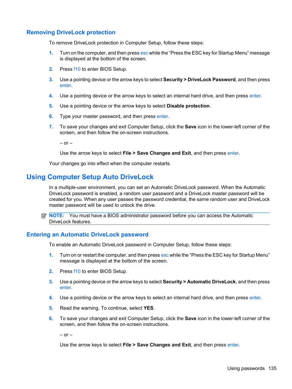 Removing drivelock protection, Using computer setup auto drivelock, Entering an automatic drivelock password | HP ProBook 4326s Notebook-PC User Manual | Page 147 / 192