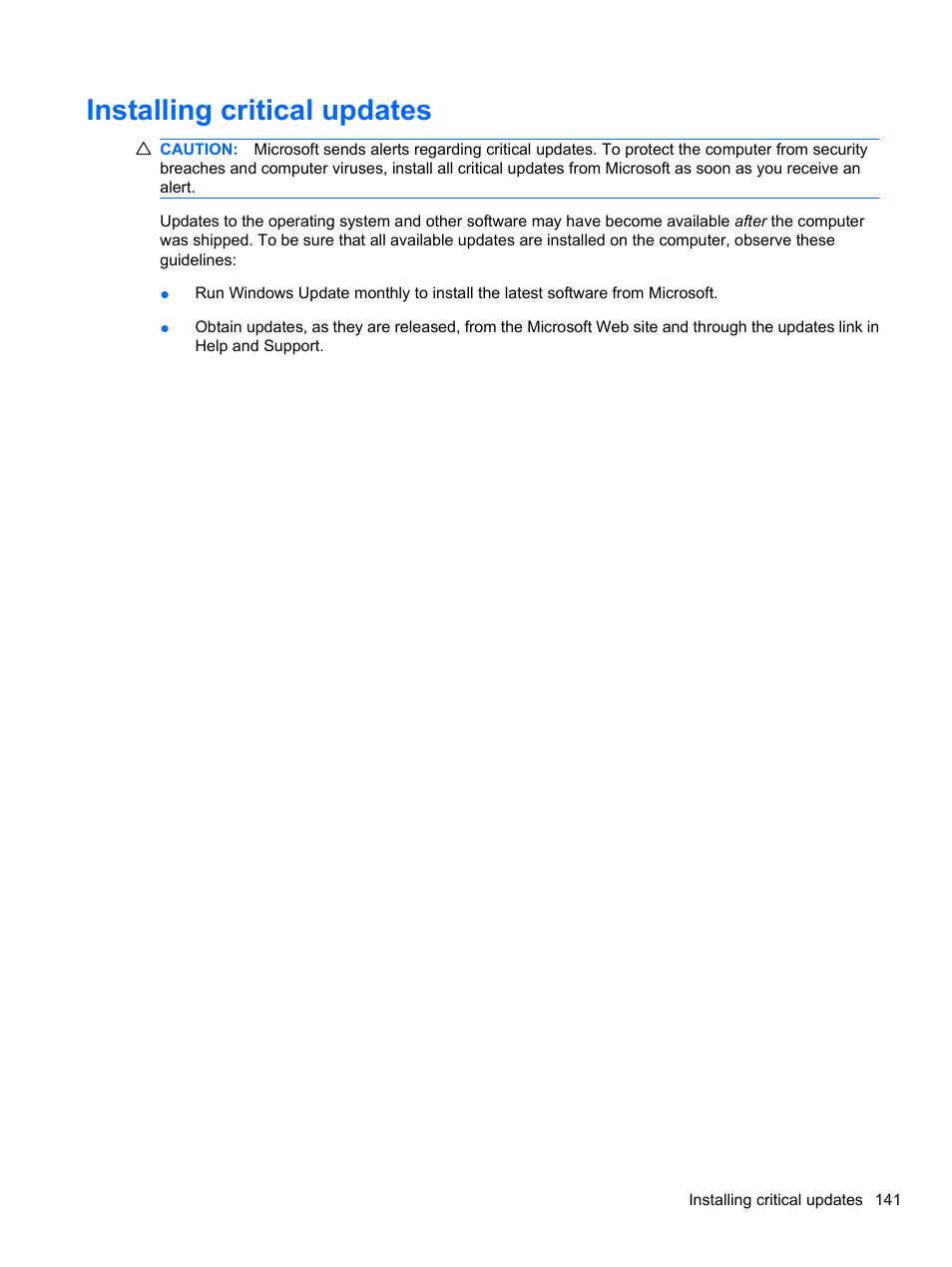 Installing critical updates | HP ProBook 4326s Notebook-PC User Manual | Page 153 / 192