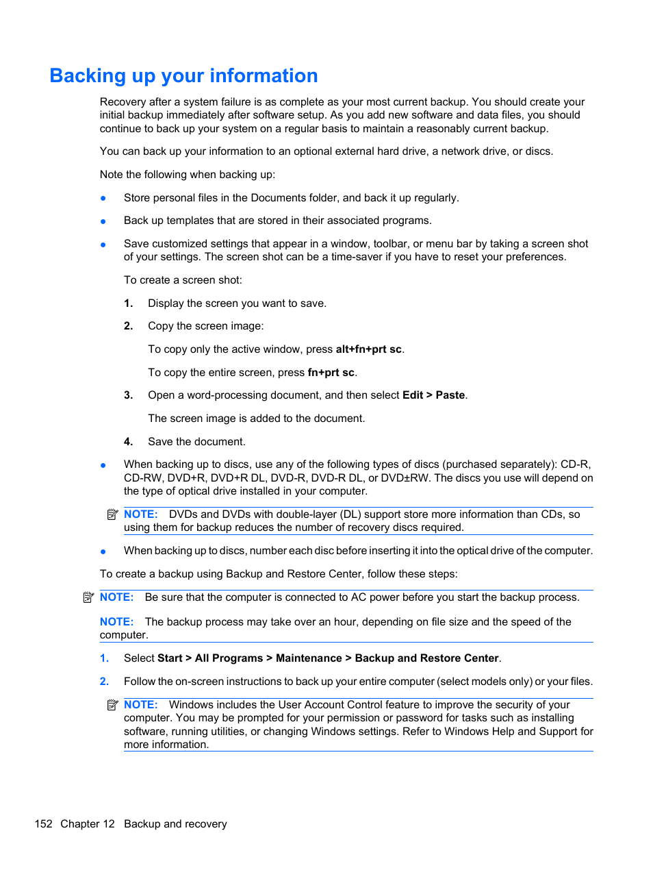 Backing up your information | HP ProBook 4326s Notebook-PC User Manual | Page 164 / 192