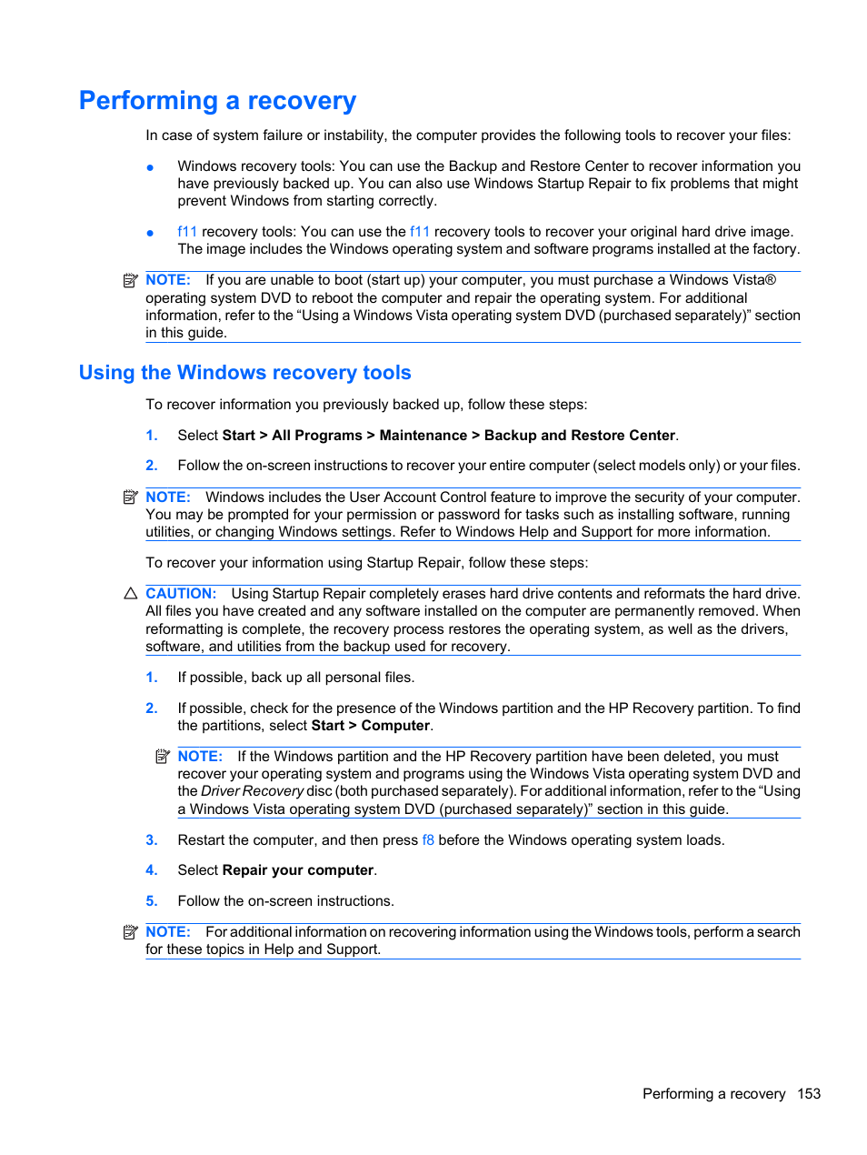 Performing a recovery, Using the windows recovery tools | HP ProBook 4326s Notebook-PC User Manual | Page 165 / 192