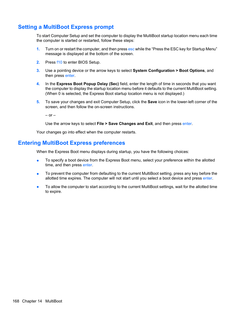 Setting a multiboot express prompt, Entering multiboot express preferences | HP ProBook 4326s Notebook-PC User Manual | Page 180 / 192