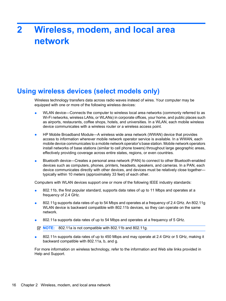 Wireless, modem, and local area network, Using wireless devices (select models only), 2 wireless, modem, and local area network | 2wireless, modem, and local area network | HP ProBook 4326s Notebook-PC User Manual | Page 28 / 192