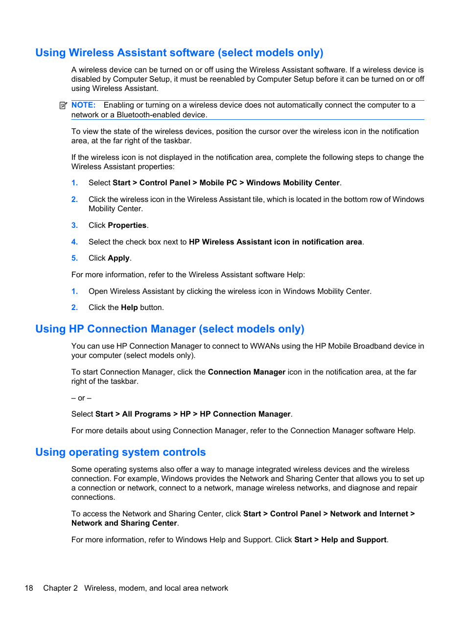 Using hp connection manager (select models only), Using operating system controls | HP ProBook 4326s Notebook-PC User Manual | Page 30 / 192