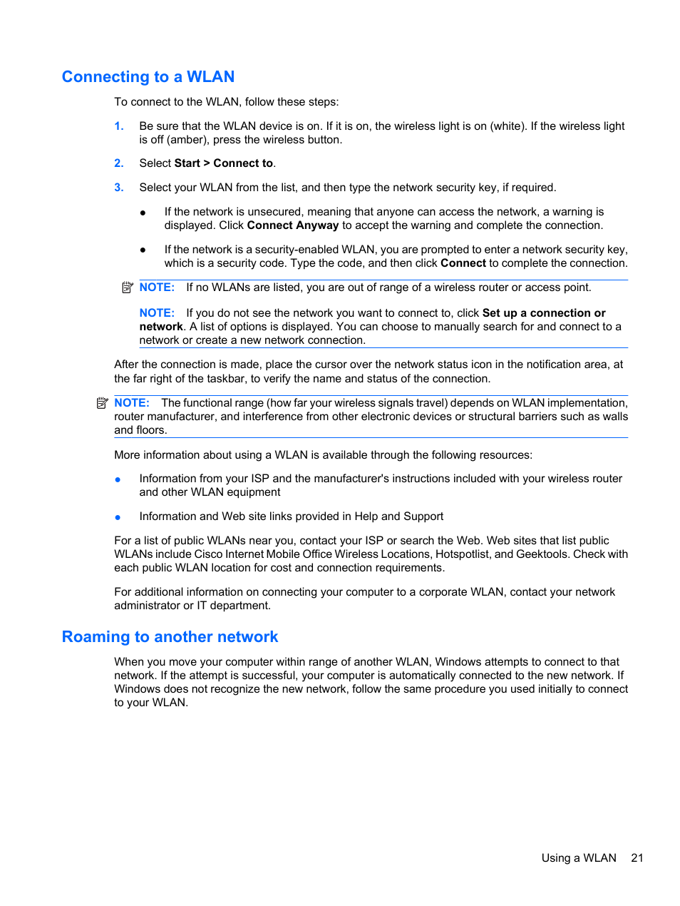 Connecting to a wlan, Roaming to another network, Connecting to a wlan roaming to another network | HP ProBook 4326s Notebook-PC User Manual | Page 33 / 192