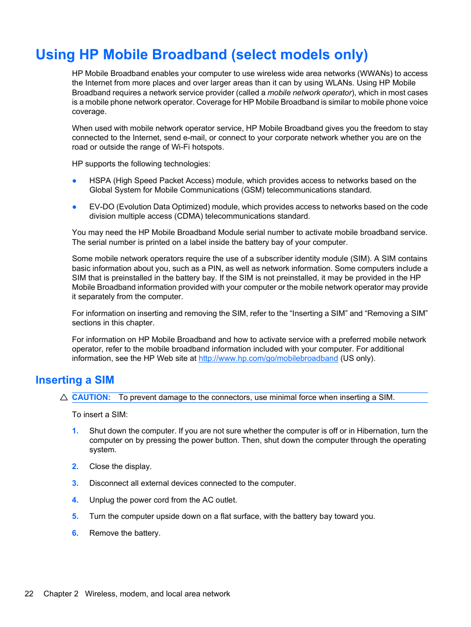 Using hp mobile broadband (select models only), Inserting a sim | HP ProBook 4326s Notebook-PC User Manual | Page 34 / 192