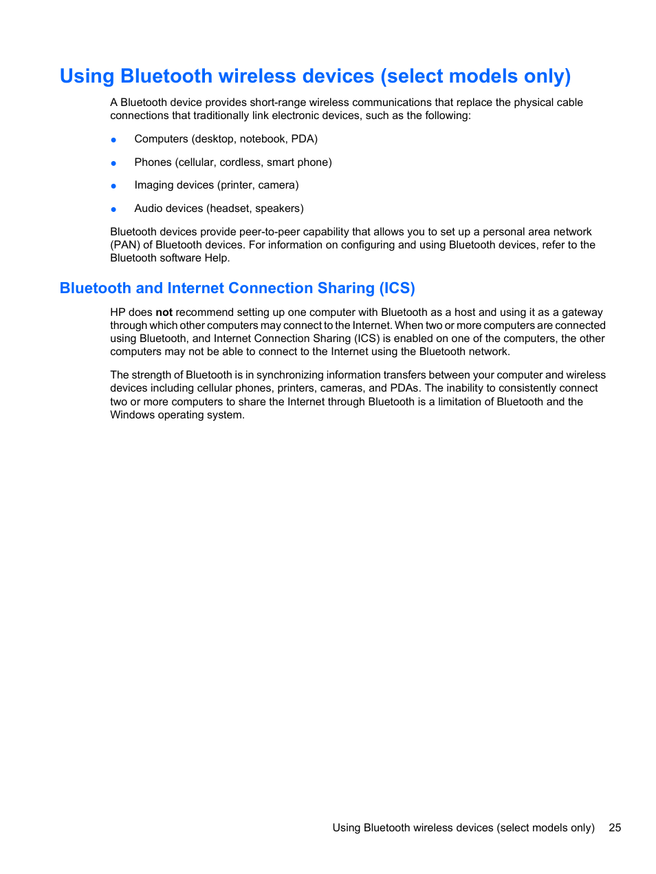 Bluetooth and internet connection sharing (ics) | HP ProBook 4326s Notebook-PC User Manual | Page 37 / 192