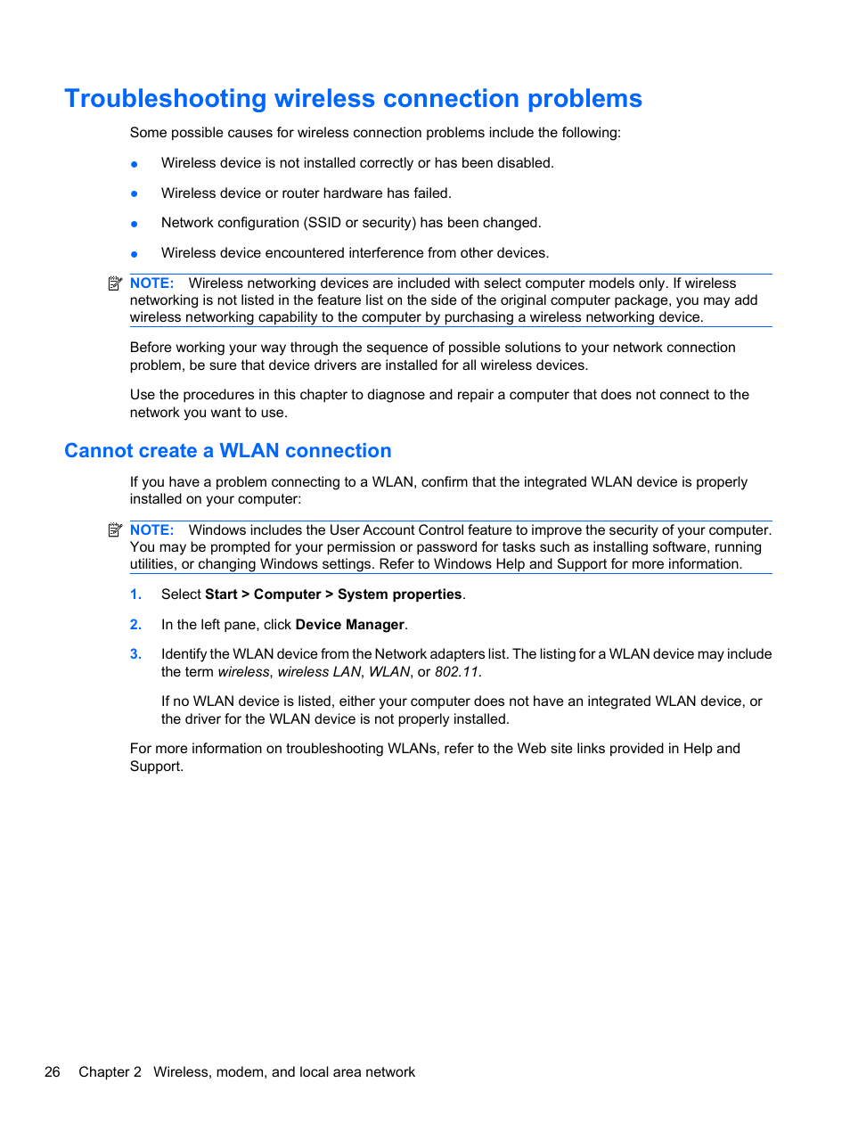 Troubleshooting wireless connection problems, Cannot create a wlan connection | HP ProBook 4326s Notebook-PC User Manual | Page 38 / 192