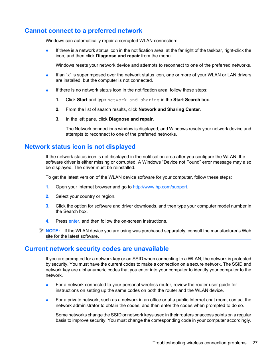 Cannot connect to a preferred network, Network status icon is not displayed, Current network security codes are unavailable | HP ProBook 4326s Notebook-PC User Manual | Page 39 / 192