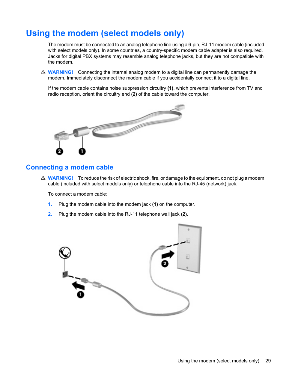 Using the modem (select models only), Connecting a modem cable | HP ProBook 4326s Notebook-PC User Manual | Page 41 / 192