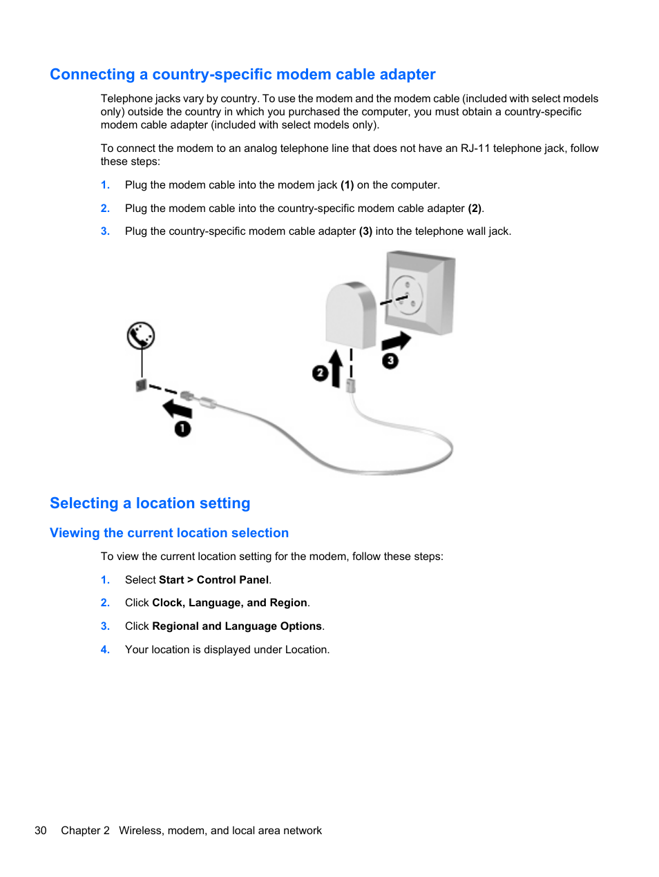 Connecting a country-specific modem cable adapter, Selecting a location setting, Viewing the current location selection | HP ProBook 4326s Notebook-PC User Manual | Page 42 / 192