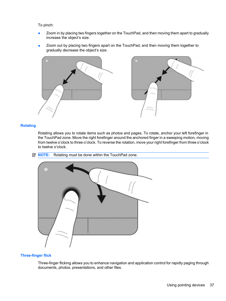 Rotating, Three-finger flick, Rotating three-finger flick | HP ProBook 4326s Notebook-PC User Manual | Page 49 / 192