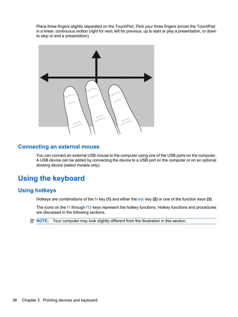 Connecting an external mouse, Using the keyboard, Using hotkeys | HP ProBook 4326s Notebook-PC User Manual | Page 50 / 192