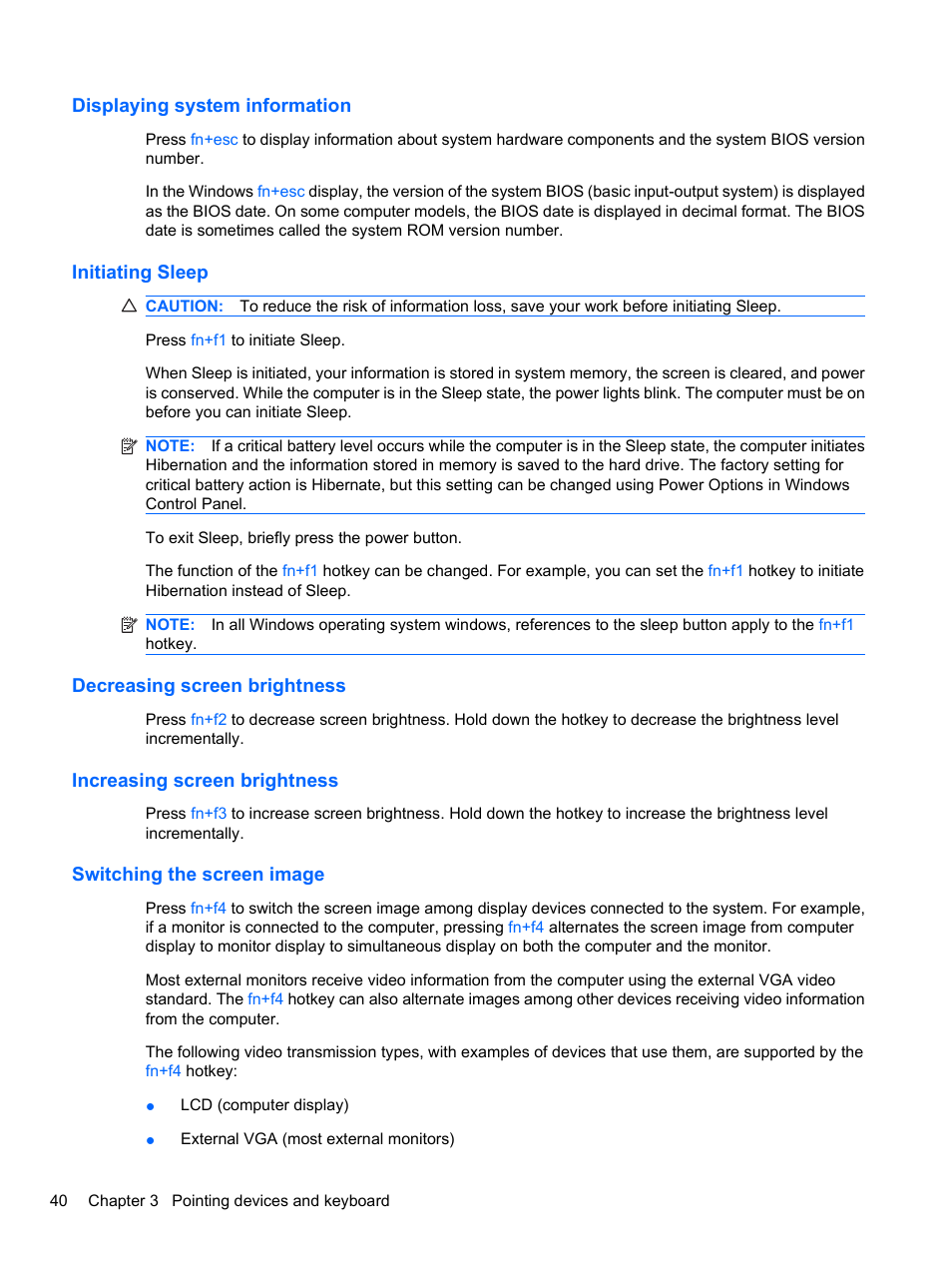 Displaying system information, Initiating sleep, Decreasing screen brightness | Increasing screen brightness, Switching the screen image | HP ProBook 4326s Notebook-PC User Manual | Page 52 / 192