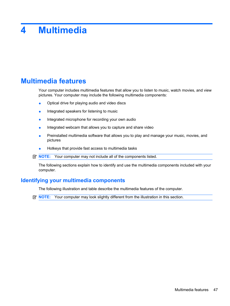Multimedia, Multimedia features, Identifying your multimedia components | 4 multimedia, 4multimedia | HP ProBook 4326s Notebook-PC User Manual | Page 59 / 192