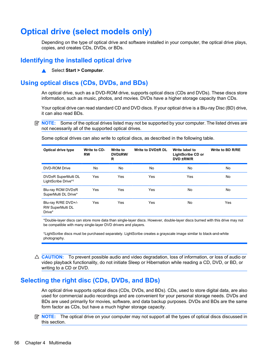 Optical drive (select models only), Identifying the installed optical drive, Using optical discs (cds, dvds, and bds) | Selecting the right disc (cds, dvds, and bds) | HP ProBook 4326s Notebook-PC User Manual | Page 68 / 192