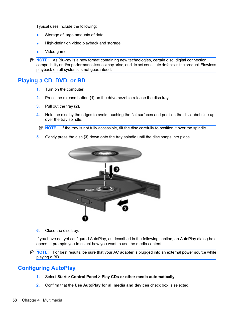 Playing a cd, dvd, or bd, Configuring autoplay, Playing a cd, dvd, or bd configuring autoplay | HP ProBook 4326s Notebook-PC User Manual | Page 70 / 192