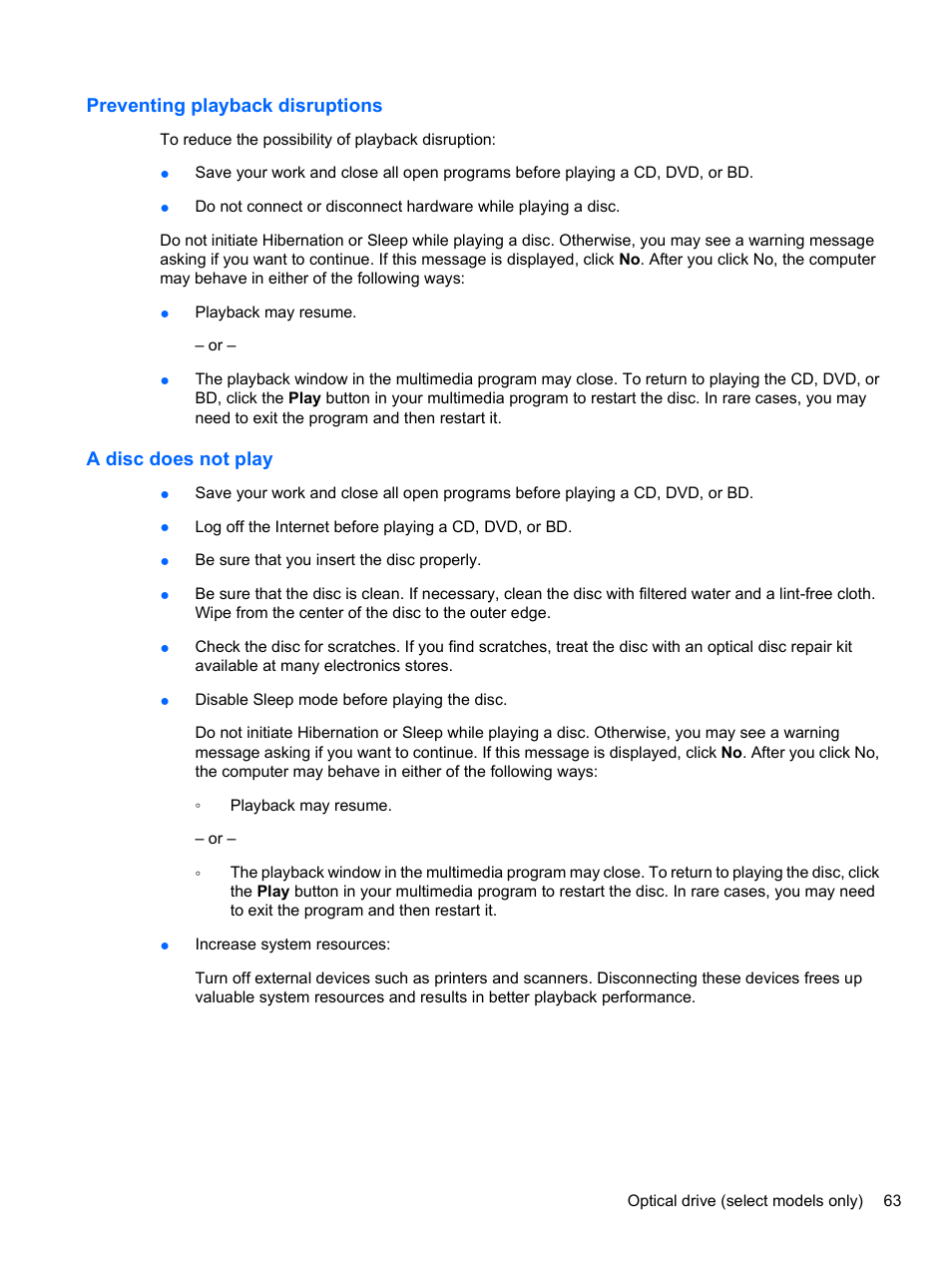 Preventing playback disruptions, A disc does not play | HP ProBook 4326s Notebook-PC User Manual | Page 75 / 192