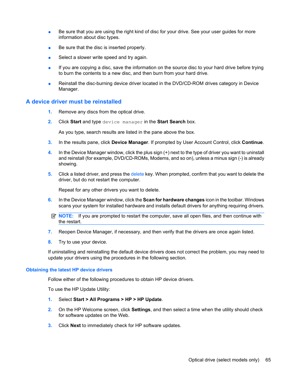 A device driver must be reinstalled, Obtaining the latest hp device drivers | HP ProBook 4326s Notebook-PC User Manual | Page 77 / 192
