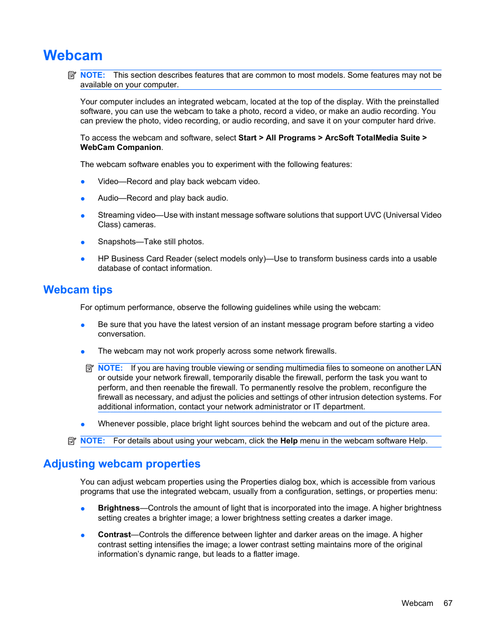 Webcam, Webcam tips, Adjusting webcam properties | Webcam tips adjusting webcam properties | HP ProBook 4326s Notebook-PC User Manual | Page 79 / 192
