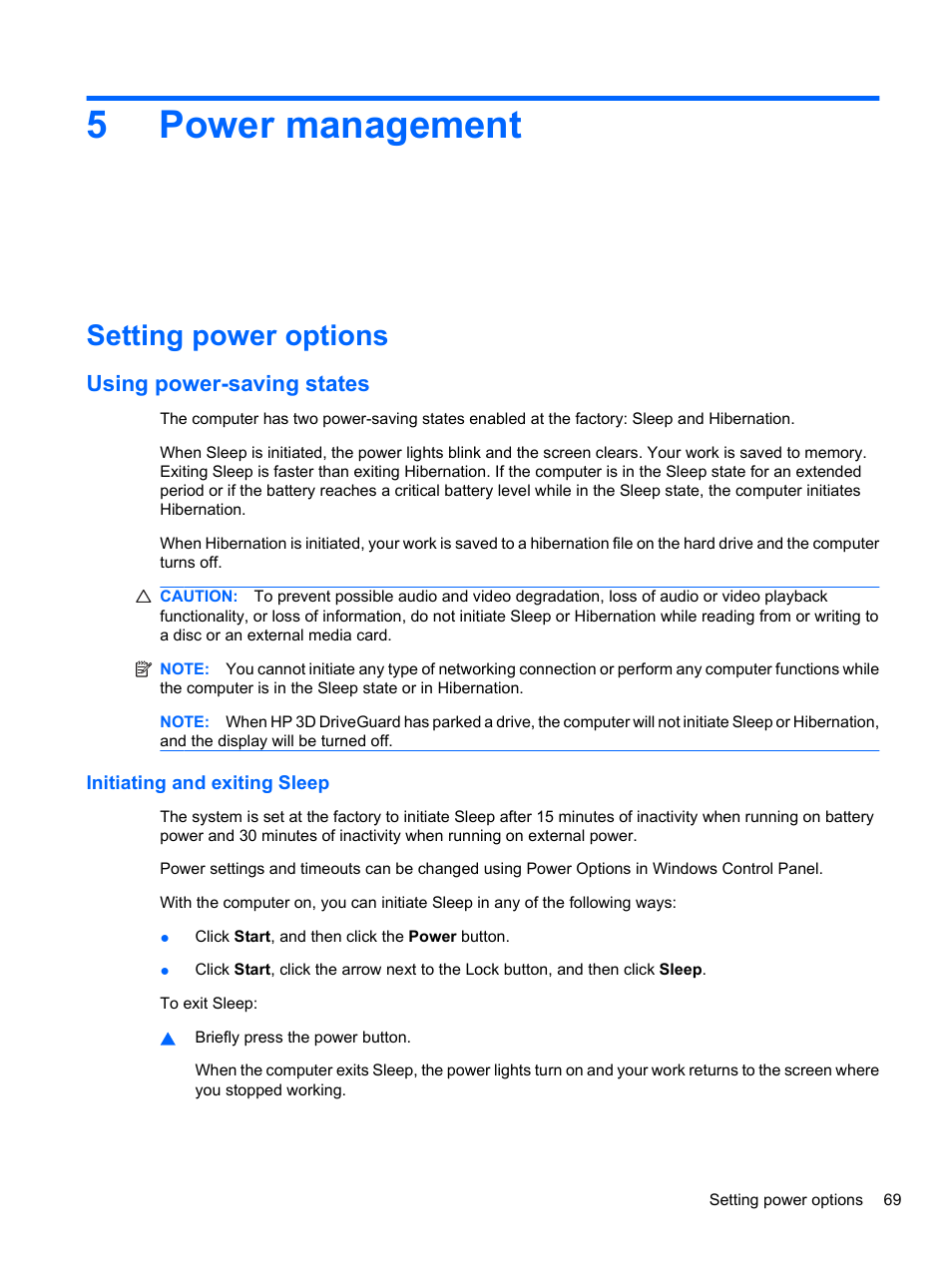 Power management, Setting power options, Using power-saving states | Initiating and exiting sleep, 5 power management, 5power management | HP ProBook 4326s Notebook-PC User Manual | Page 81 / 192