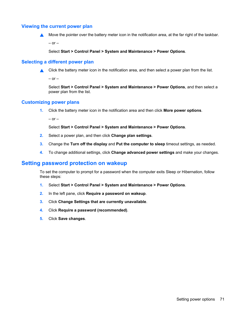 Viewing the current power plan, Selecting a different power plan, Customizing power plans | Setting password protection on wakeup | HP ProBook 4326s Notebook-PC User Manual | Page 83 / 192