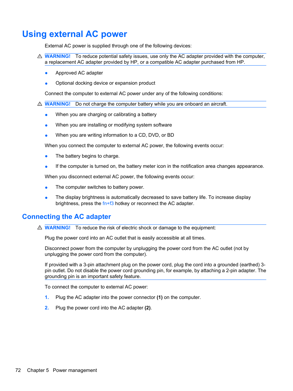 Using external ac power, Connecting the ac adapter | HP ProBook 4326s Notebook-PC User Manual | Page 84 / 192