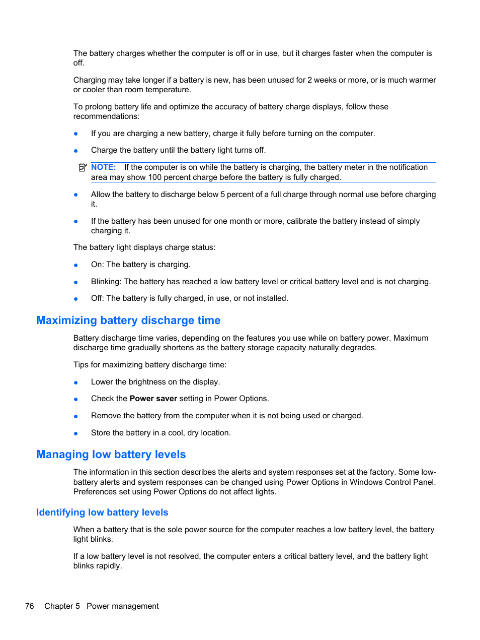 Maximizing battery discharge time, Managing low battery levels, Identifying low battery levels | HP ProBook 4326s Notebook-PC User Manual | Page 88 / 192