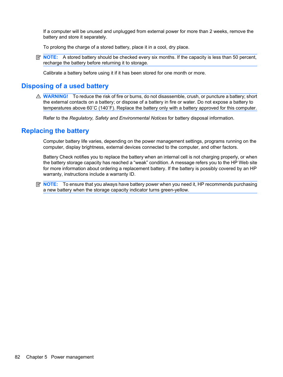Disposing of a used battery, Replacing the battery, Disposing of a used battery replacing the battery | HP ProBook 4326s Notebook-PC User Manual | Page 94 / 192