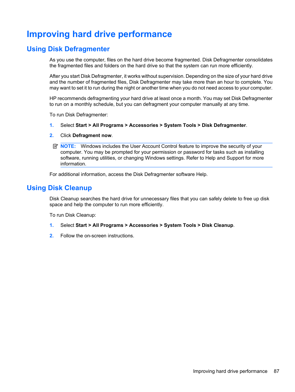 Improving hard drive performance, Using disk defragmenter, Using disk cleanup | Using disk defragmenter using disk cleanup | HP ProBook 4326s Notebook-PC User Manual | Page 99 / 192