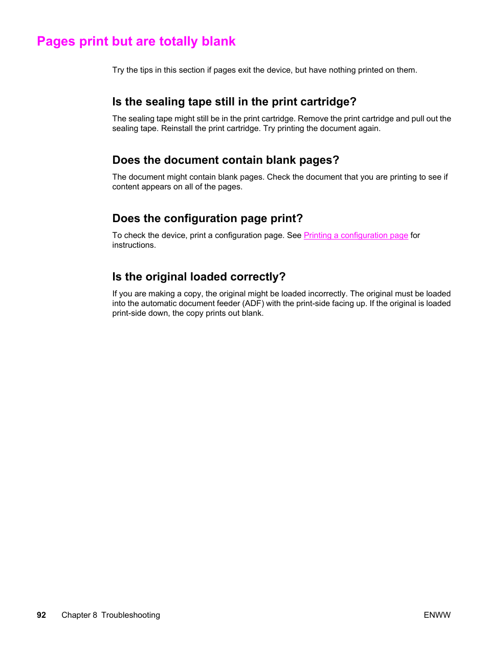 Is the sealing tape still in the print cartridge, Is the original loaded correctly, Pages print but are totally blank | Does the document contain blank pages, Does the configuration page print | HP LaserJet 3020 All-in-One Printer User Manual | Page 102 / 182