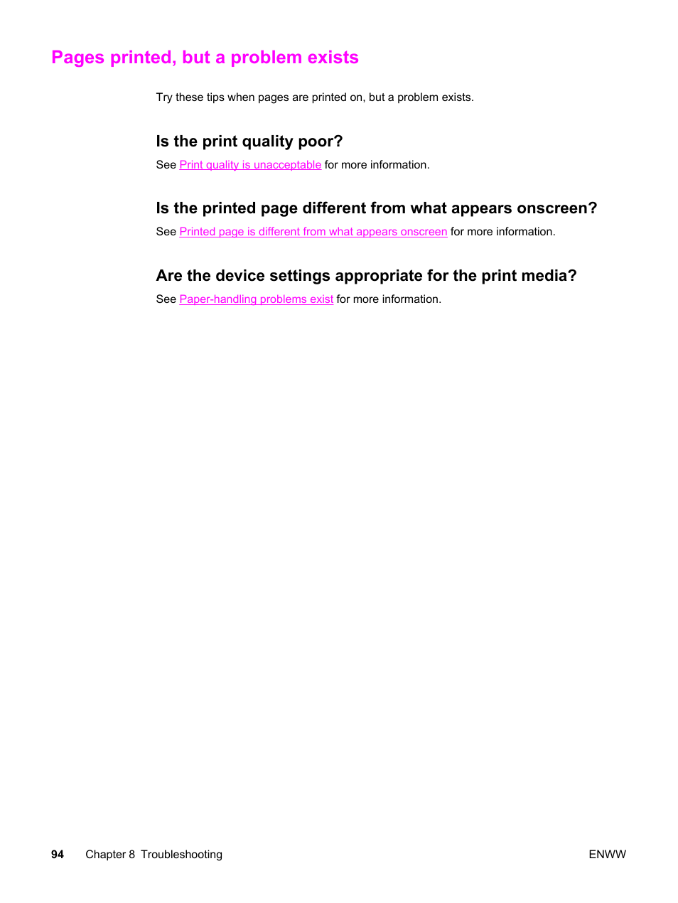 Is the print quality poor, Pages printed, but a problem exists | HP LaserJet 3020 All-in-One Printer User Manual | Page 104 / 182