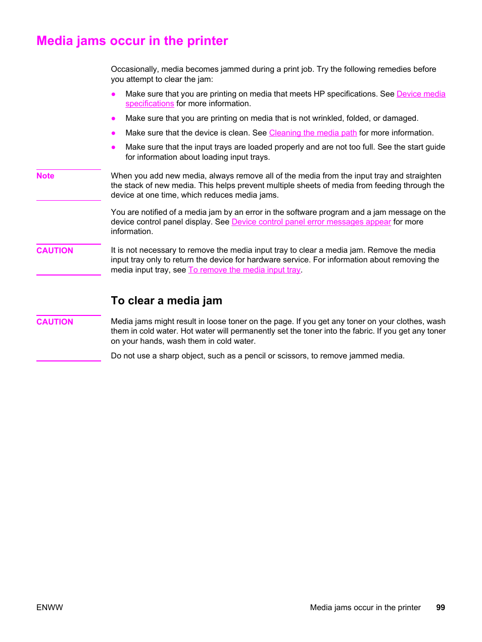 Media jams occur in the printer, To clear a media jam, Media jams occur in the | Printer | HP LaserJet 3020 All-in-One Printer User Manual | Page 109 / 182