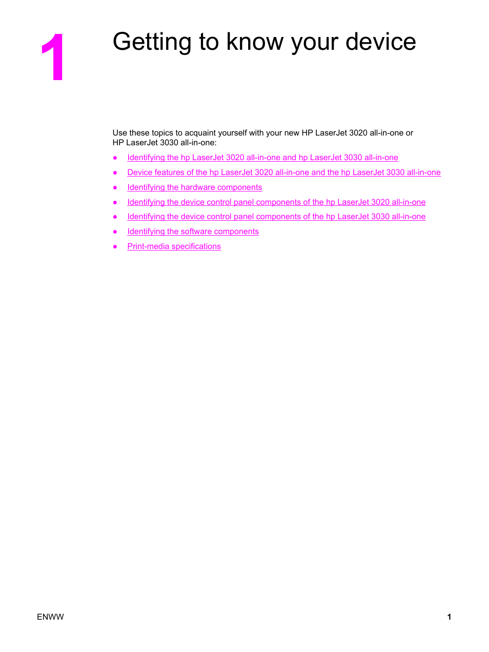 Getting to know your device, 1 getting to know your device | HP LaserJet 3020 All-in-One Printer User Manual | Page 11 / 182