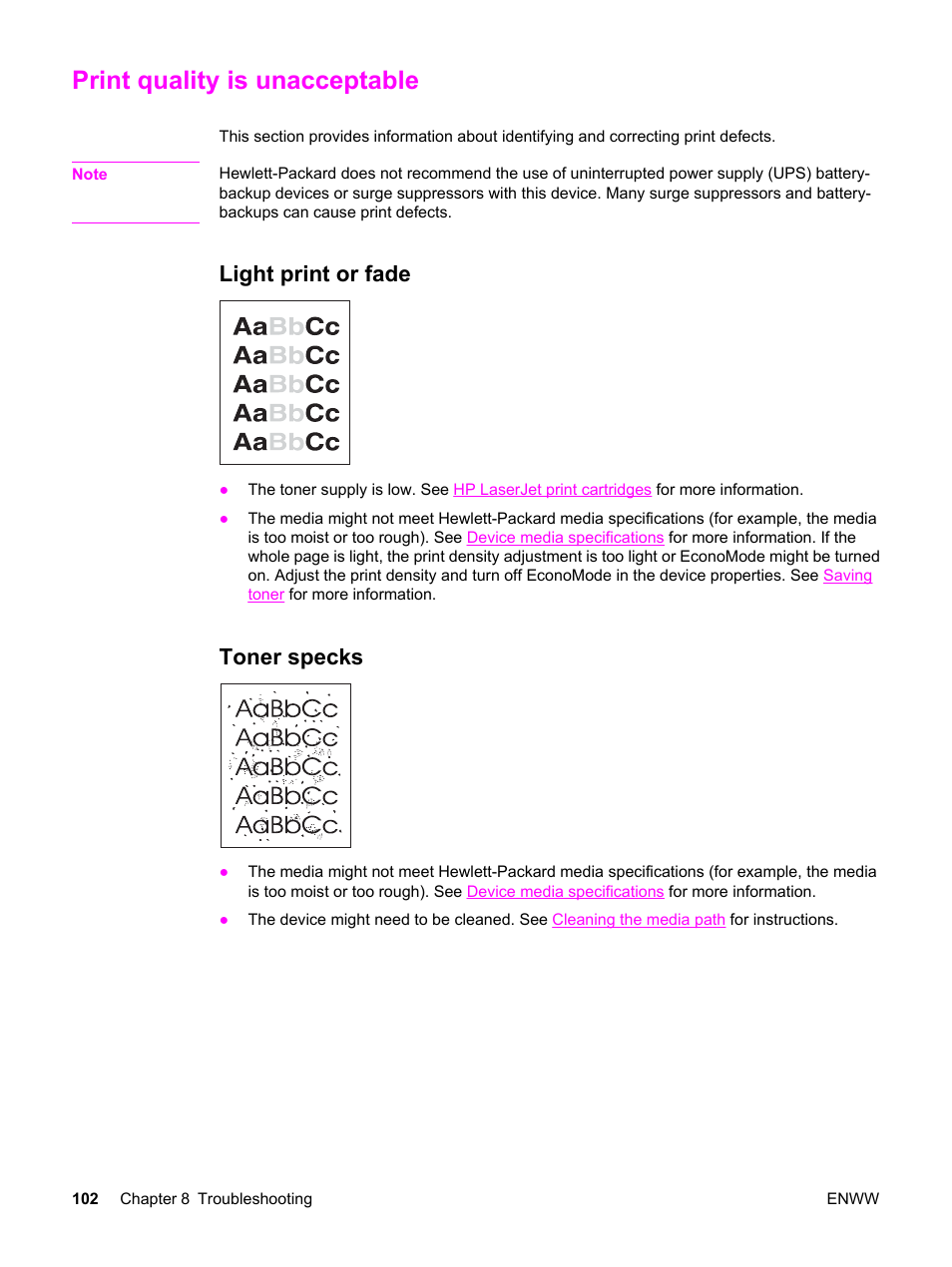 Print quality is unacceptable, Light print or fade, Toner specks | Light print or fade toner specks | HP LaserJet 3020 All-in-One Printer User Manual | Page 112 / 182