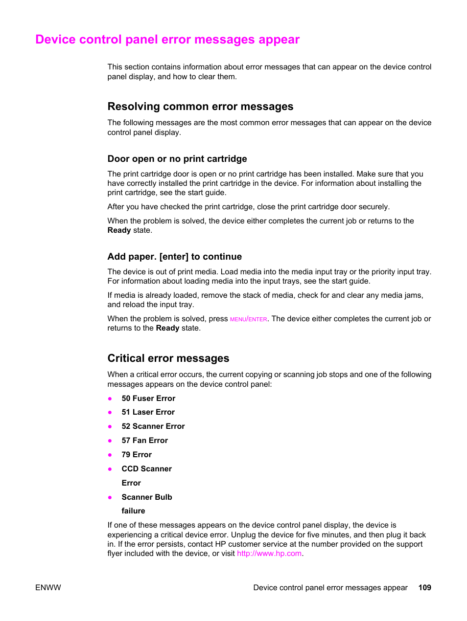 Device control panel error messages appear, Resolving common error messages, Critical error messages | HP LaserJet 3020 All-in-One Printer User Manual | Page 119 / 182