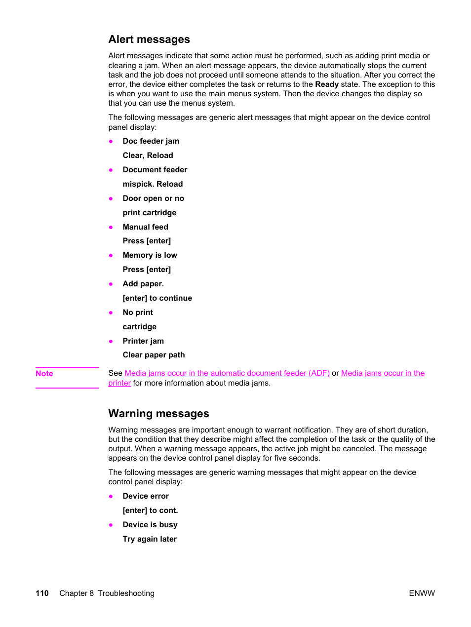 Alert messages, Warning messages, Alert messages warning messages | HP LaserJet 3020 All-in-One Printer User Manual | Page 120 / 182