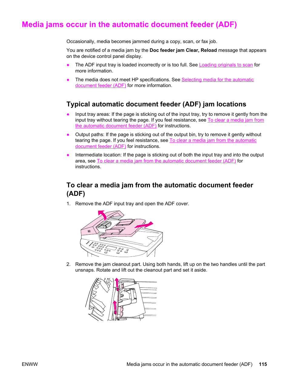 Media jams occur in the, Automatic document feeder (adf) | HP LaserJet 3020 All-in-One Printer User Manual | Page 125 / 182