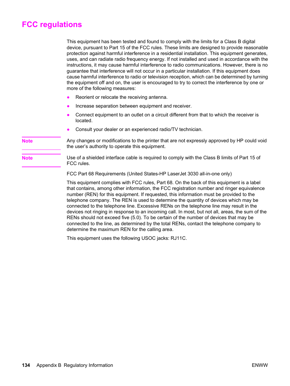 Fcc regulations | HP LaserJet 3020 All-in-One Printer User Manual | Page 144 / 182