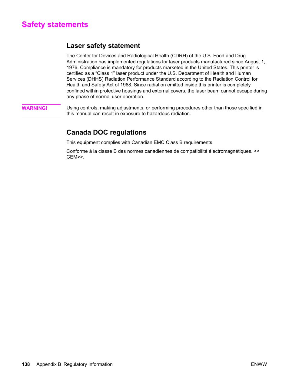 Safety statements, Laser safety statement, Canada doc regulations | Laser safety statement canada doc regulations | HP LaserJet 3020 All-in-One Printer User Manual | Page 148 / 182