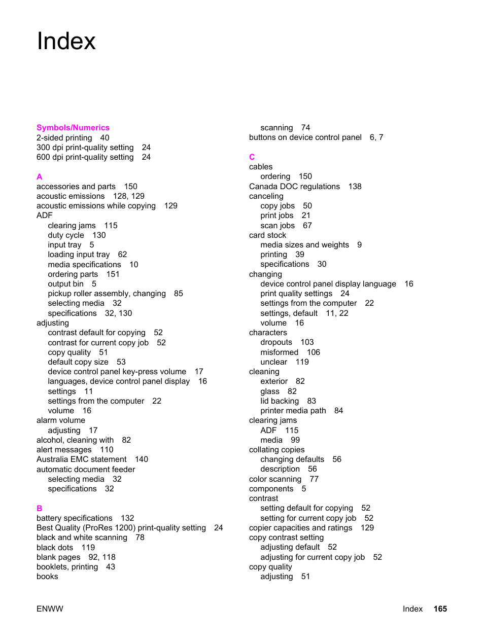 Index | HP LaserJet 3020 All-in-One Printer User Manual | Page 175 / 182