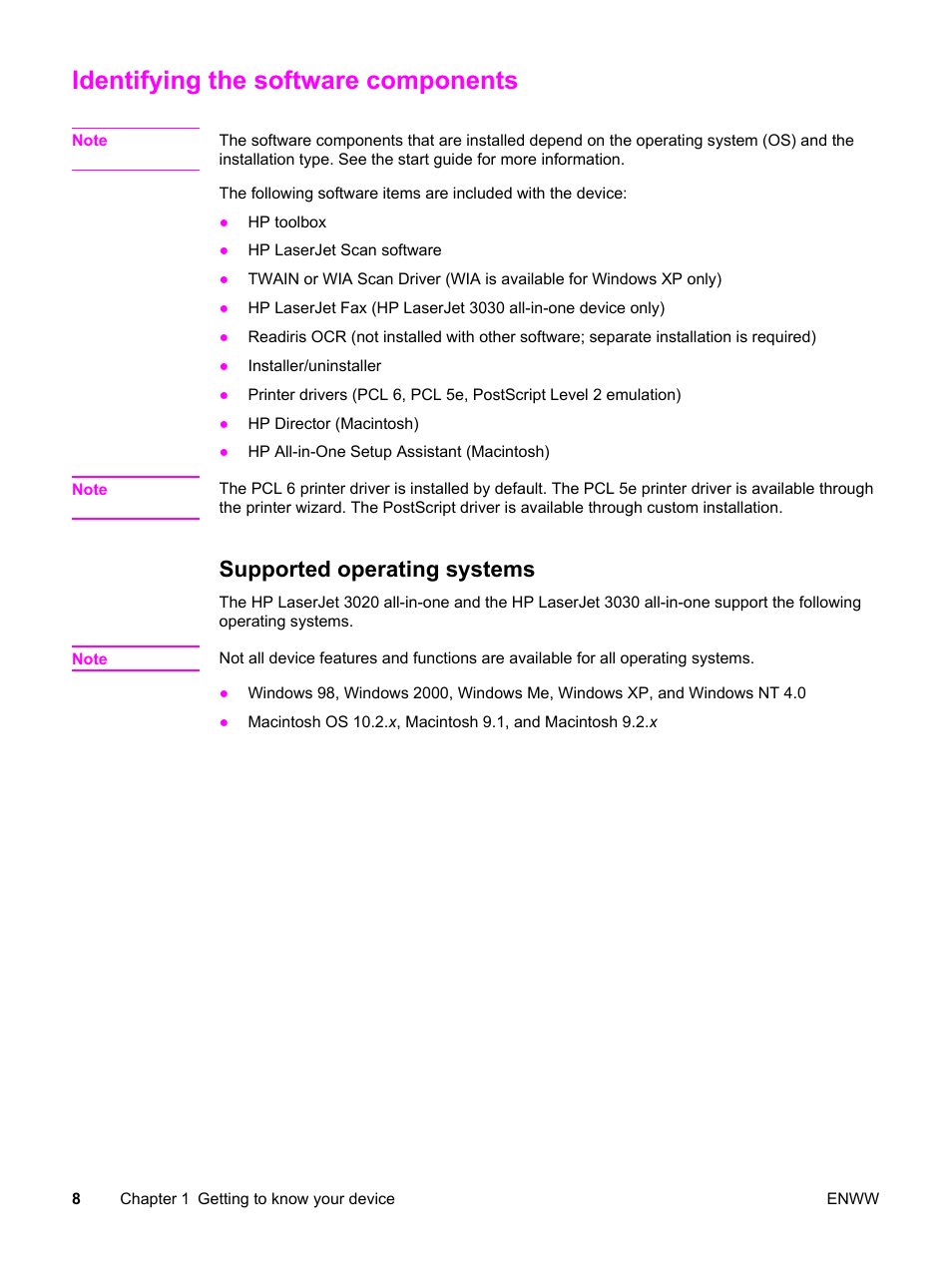 Identifying the software components, Supported operating systems | HP LaserJet 3020 All-in-One Printer User Manual | Page 18 / 182
