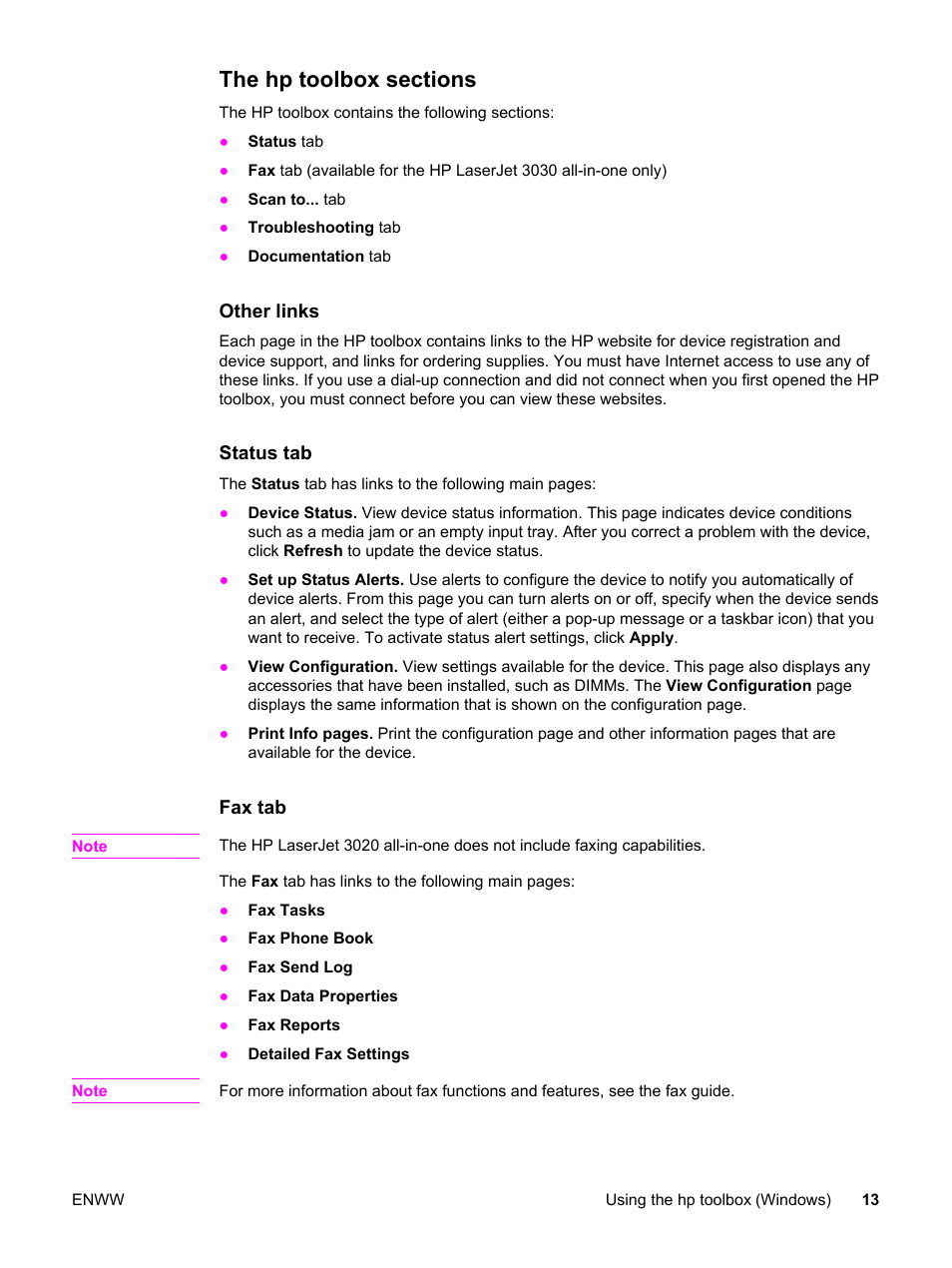 The hp toolbox sections | HP LaserJet 3020 All-in-One Printer User Manual | Page 23 / 182