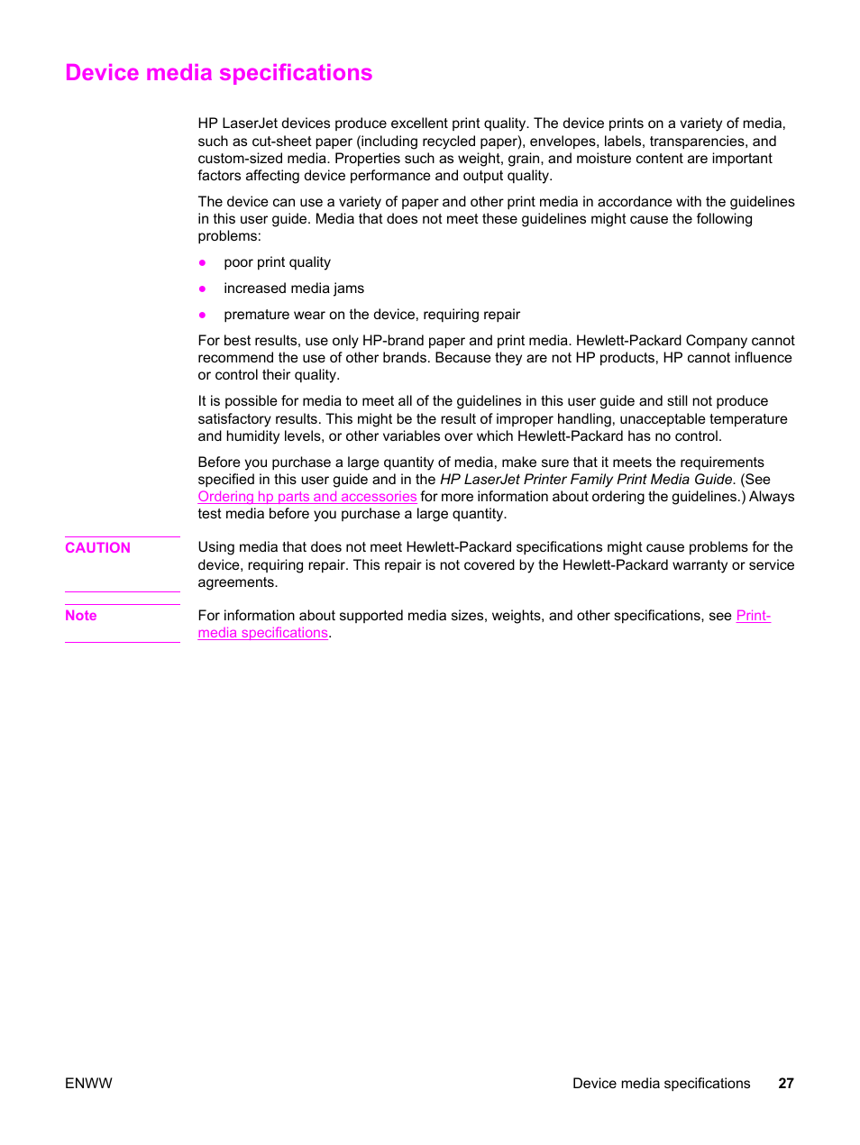 Device media specifications | HP LaserJet 3020 All-in-One Printer User Manual | Page 37 / 182