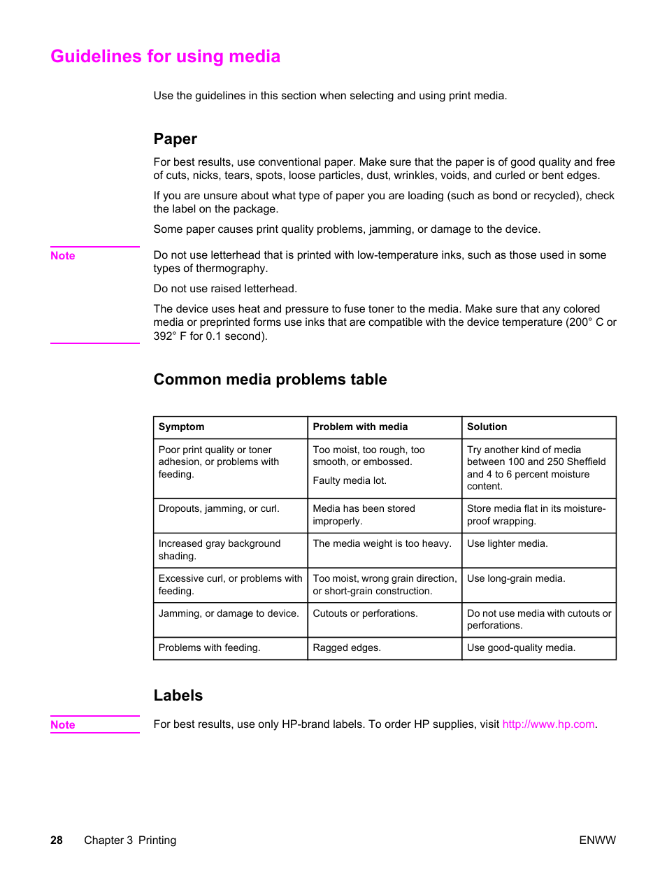 Guidelines for using media, Paper, Common media problems table | Labels, Paper common media problems table labels | HP LaserJet 3020 All-in-One Printer User Manual | Page 38 / 182