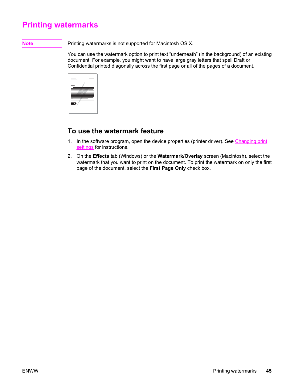 Printing watermarks, To use the watermark feature | HP LaserJet 3020 All-in-One Printer User Manual | Page 55 / 182