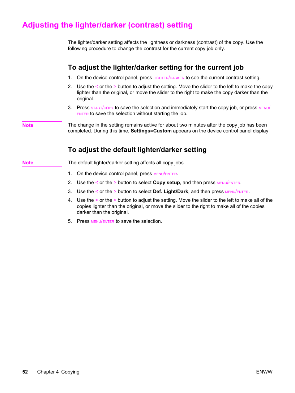 Adjusting the lighter/darker (contrast) setting, To adjust the default lighter/darker setting | HP LaserJet 3020 All-in-One Printer User Manual | Page 62 / 182